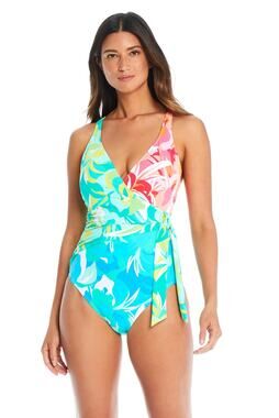 Bleu by Rod Beattie Women Tropical Surplice Tied One-Piece Swimsuit Size US 6